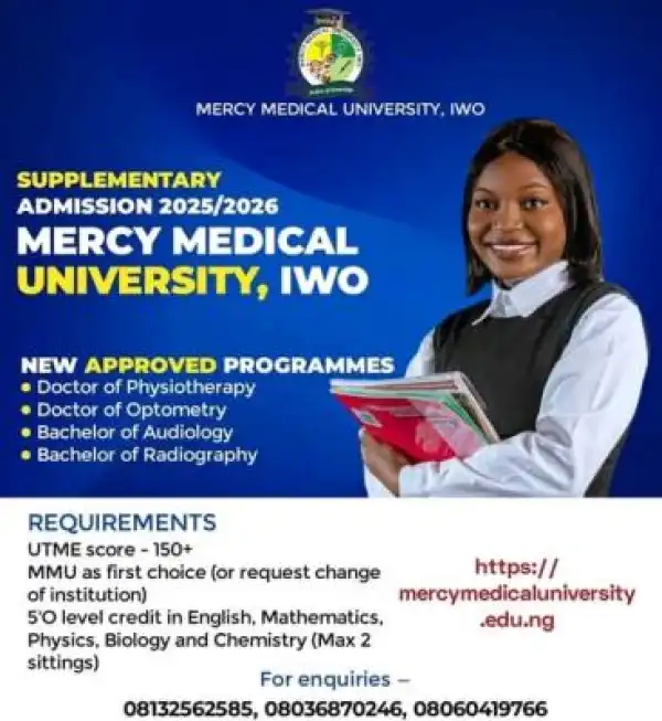 Mercy Medical University, Iwo announces supplementary admission, 2025/2026