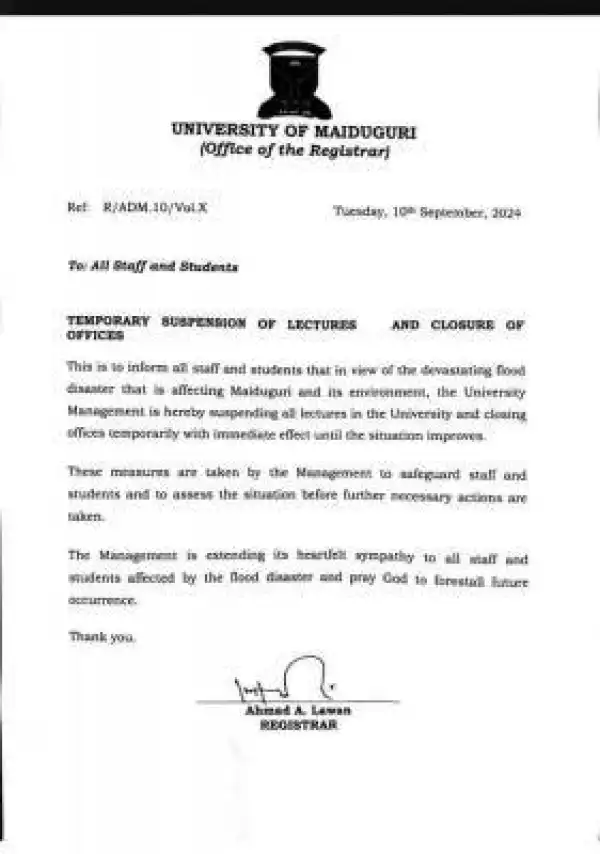 UNIMAID announces temporary suspension of lectures and closure of the University