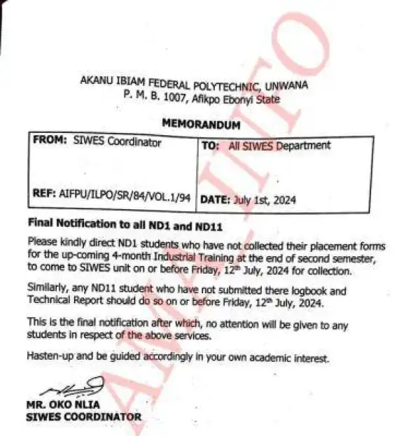 Akanu Ibaim Federal Poly issues important notice to ND I & ND II SIWES students