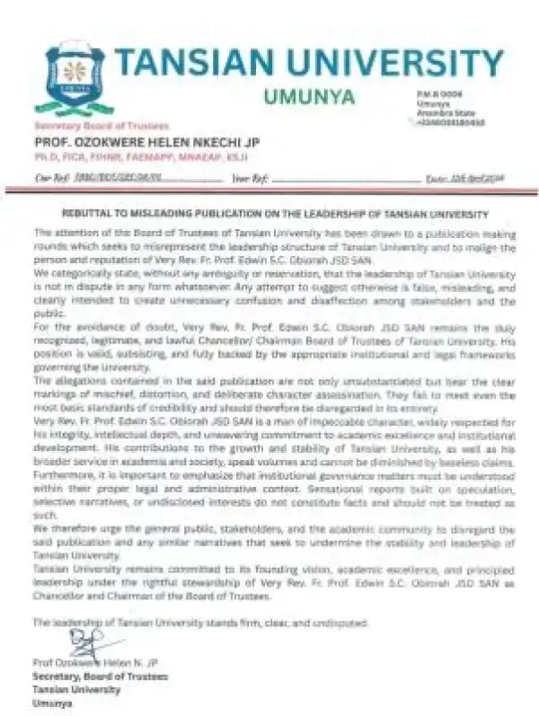 Tansian University disclaims misleading publication over the Leadership of the university