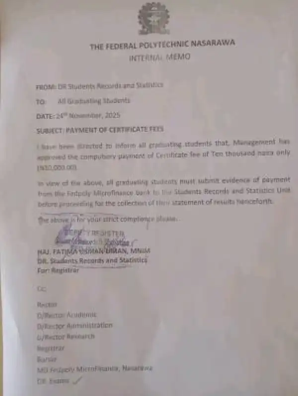 Federal Poly Nasarawa announces compulsory certificate fee for graduating students