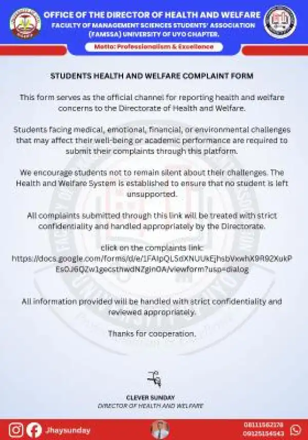 UNIUYO Faculty of Mgt. Sci. Association notice on students Health and Welfare Complaint Form
