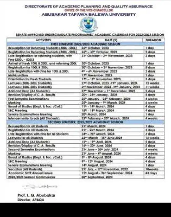 ATBU academic calendar, 2022/2023 academic session