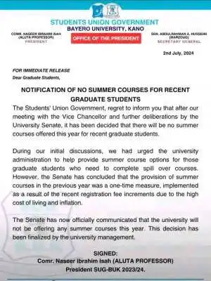 BUK SUG notification of no summer courses for recent graduates students