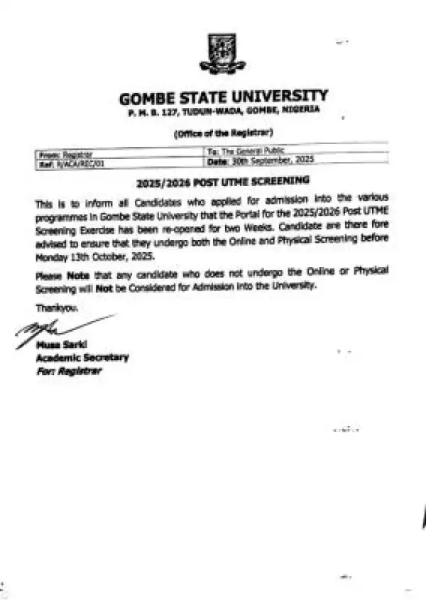 Gombe State University reopens Post-UTME application portal, 2025/26