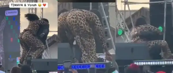 Moment Timaya Falls On Stage While Trying To Lift Plus-Sized Woman During Performance