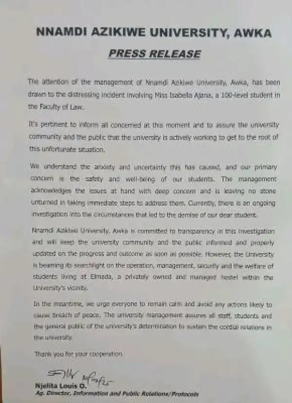 UNIZIK reacts to tragic d*ath of 100Level Law student, launches full investigation