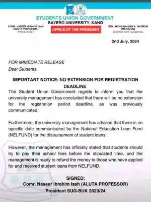 BUK SUG issues important notice to students on registration deadline