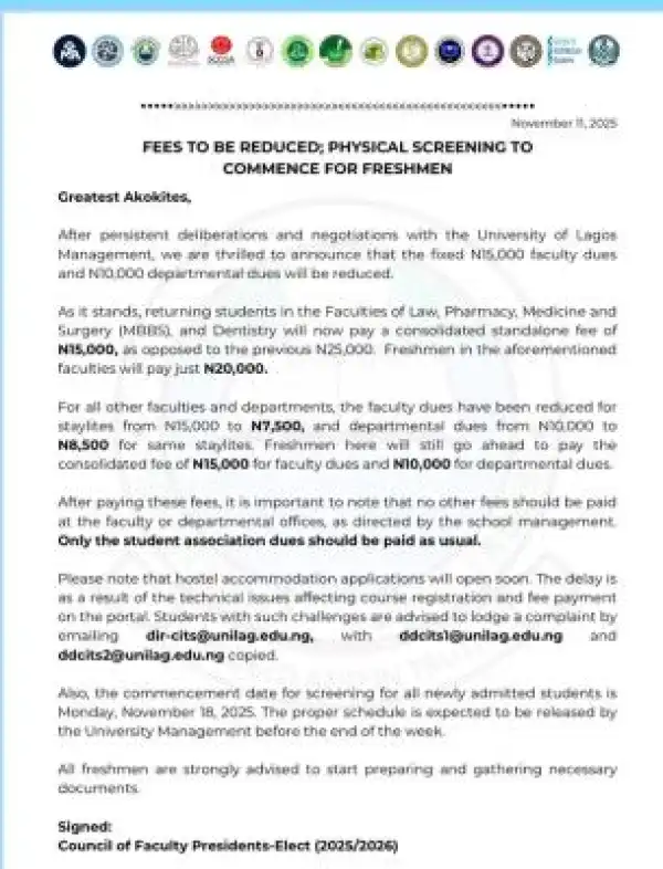 UNILAG Council of Faculty Presidents notice to students