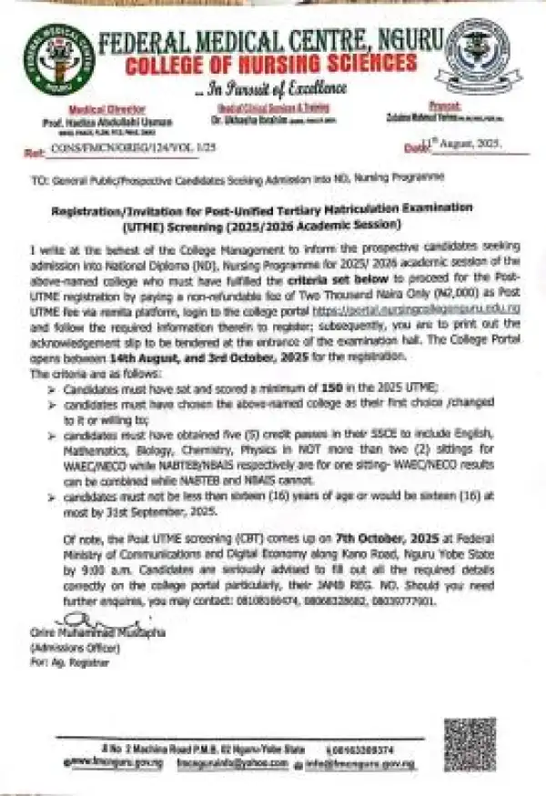 Federal Medical Center,Nguru releases Post UTME admission form, 2025/2026