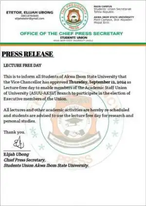 AKSU declares Thursday, September 12th a lecture free day