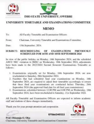 IMSU postpones exams scheduled for 16th & 18th September