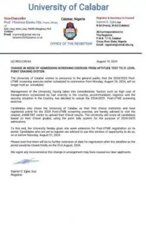 UNICAL changes 2024 screening exercise from aptitude test to O