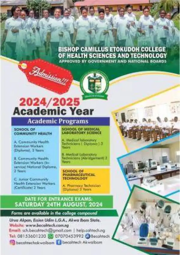 Bishop Camillus Etokudoh College of Health Tech admission form, 2024/2025