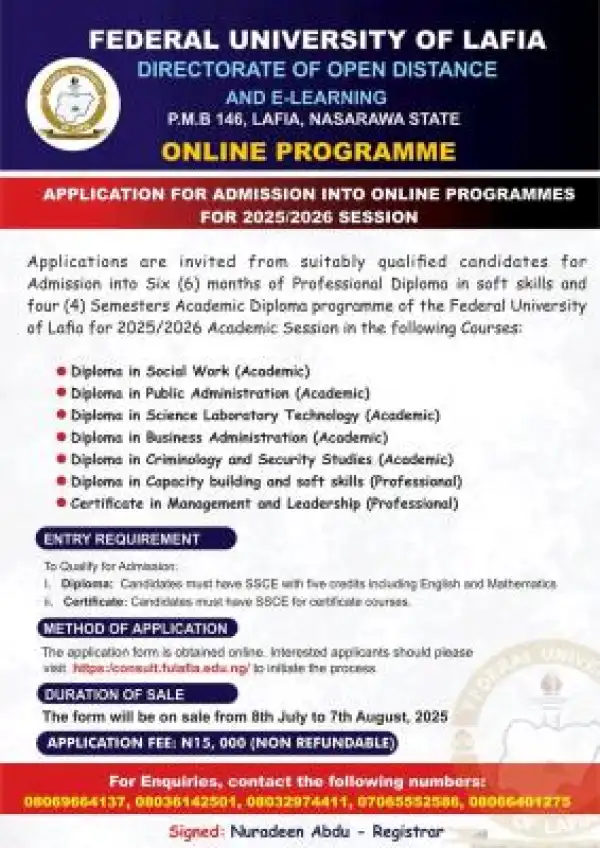 FULAFIA Application for Admission into Online Programmes for 2025/2026 Session