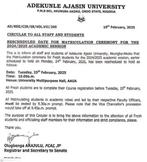 AAUA reschedules Matriculation Ceremony, 2024/2025