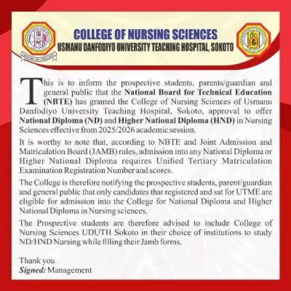 UDUTH gets NBTE accreditation for ND & HND in Nursing