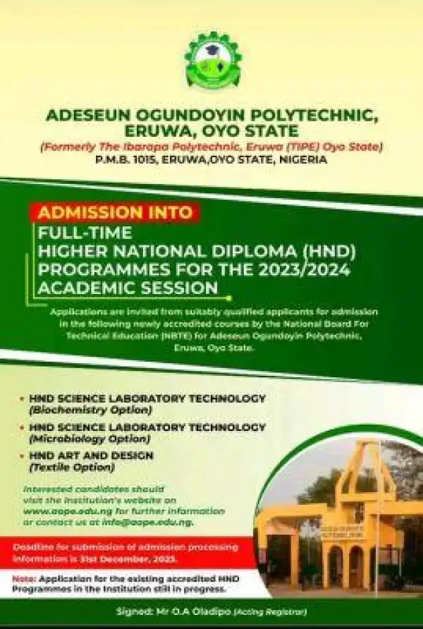 AOPE admission into newly accredited full-time HND Programmes, 2023/2024