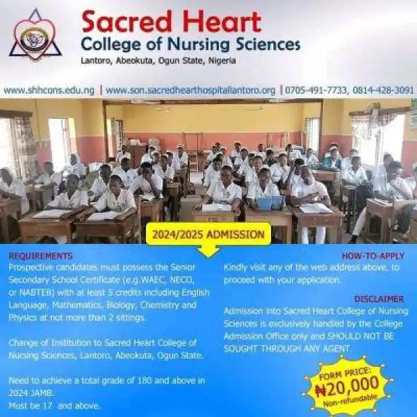 Sacred Heart College of Nursing Sciences releases Post UTME form, 2024/2025