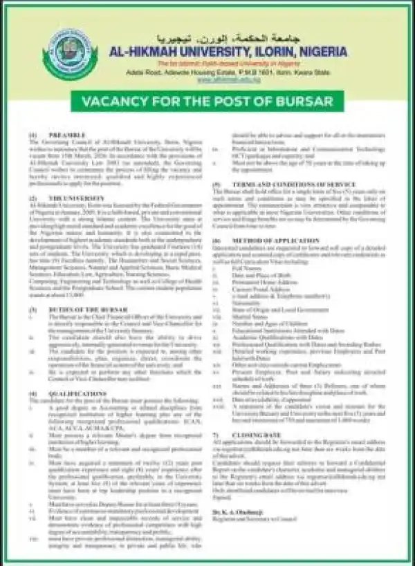 Al-Hikmah University announces vacancy for the post of Bursar