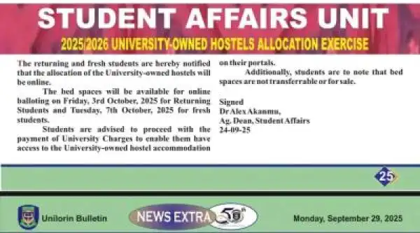 UNILORIN notice on allocation of hostels for 2025/2026 session