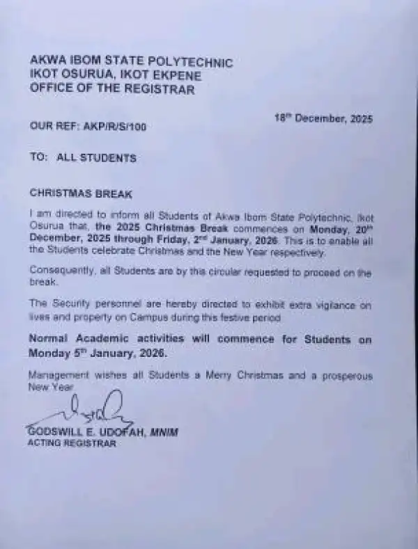 Akwa Ibom State Polytechnic announces Christmas break