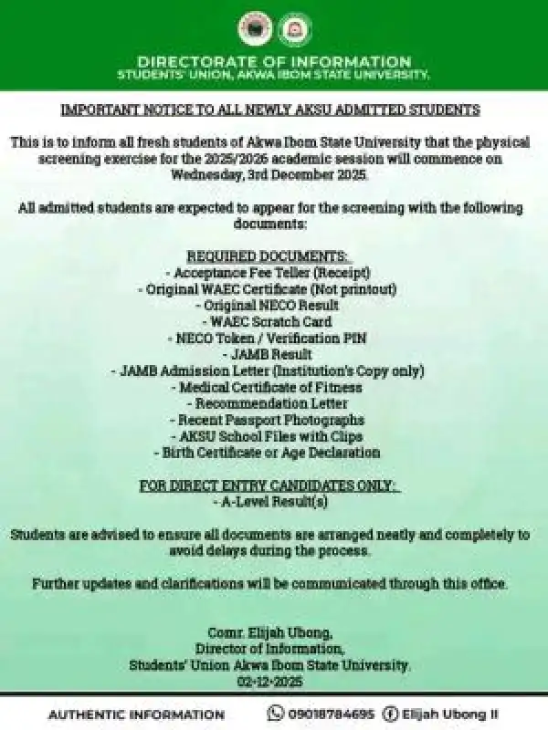 AKSU SUG notice to new students on Physical Screening, 2025/2026