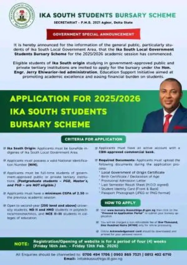 Ika South Local Government 2025/2026 Students Bursary Scheme application