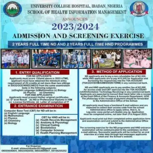 University College Hospital, Ibadan announces admission and screening exercise, 2023/2024 session