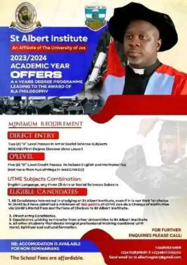 St. Albert institute (affiliated to UNIJOS) Post-UTME/DE 2023: Eligibility and Registration Details