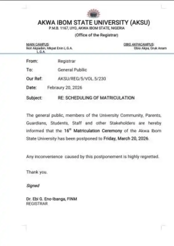 AKSU postpones 16th Matriculation Ceremony to March 20