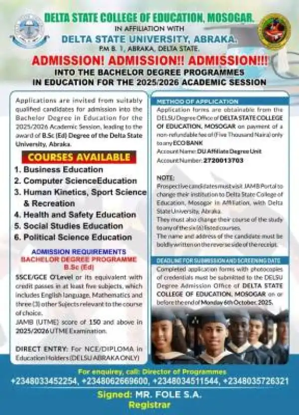 Delta College of Education, Mosogar (affiliate to DELSU) degree Post-UTME form, 2025/2026