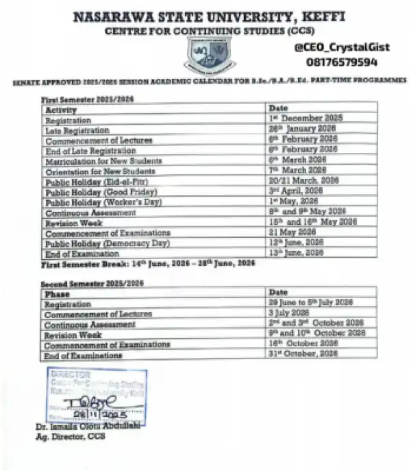 NSUK Part-Time (Weekend Programme) Academic Calendar, 2025/2026