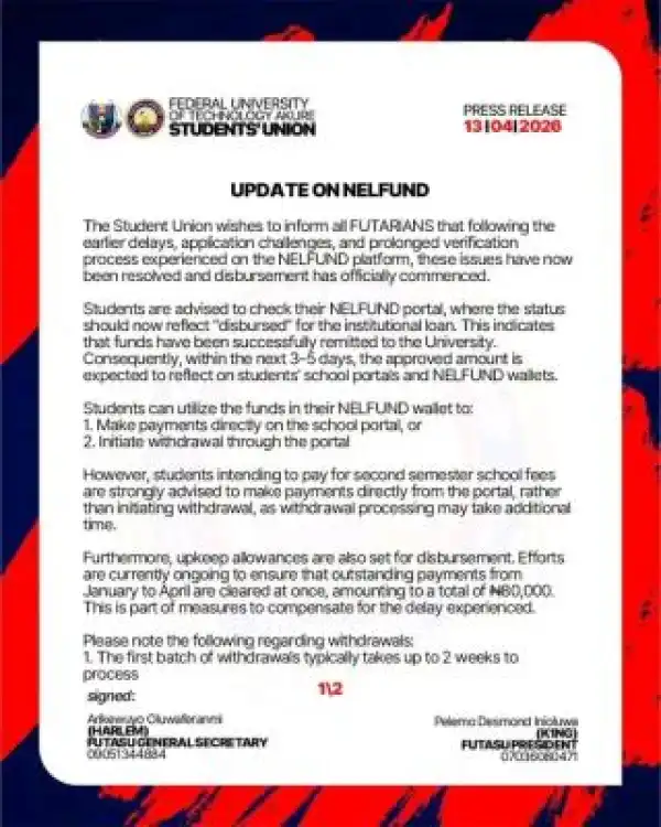 FUTA SUG gives update on NELFUND Challenges