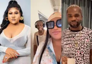 Actress Nkechi Blessing reacts as she catches Speed Darlington looking at her backside at the airport