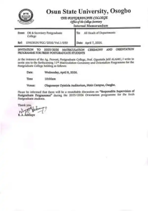 UNIOSUN announces 11th Postgraduate matriculation and orientation ceremony