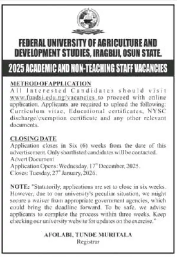 FUADSI announces academic and non-teaching job vacancies