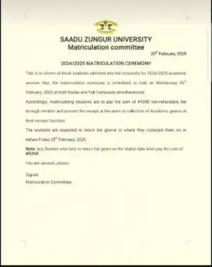 Saadu Zungur university announces Matriculation Ceremony, 2024/2025