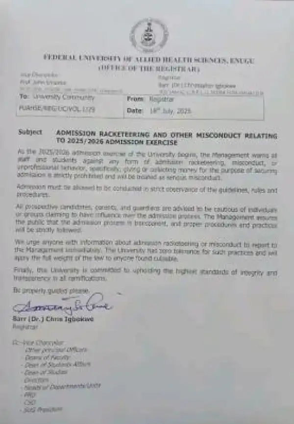 Federal University of Allied Health Sciences, Enugu warns against admission racketeering