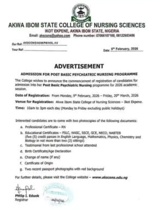 AKSCONS opens admission for post-basic psychiatric Nursing Programme