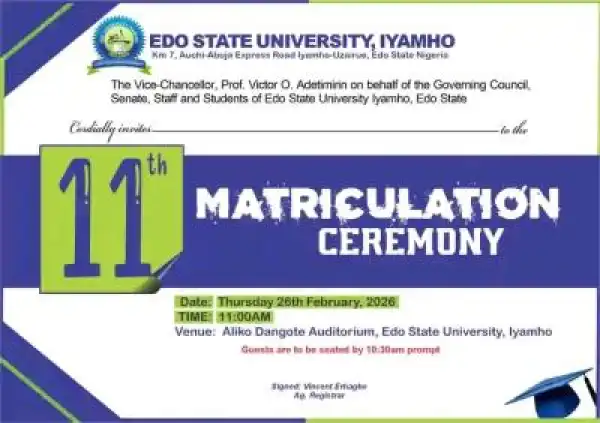 Edo State University announces 11th Matriculation Ceremony