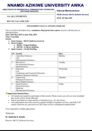 UNIZIK notice on Fingerprint Data Capture Exercise, 2025