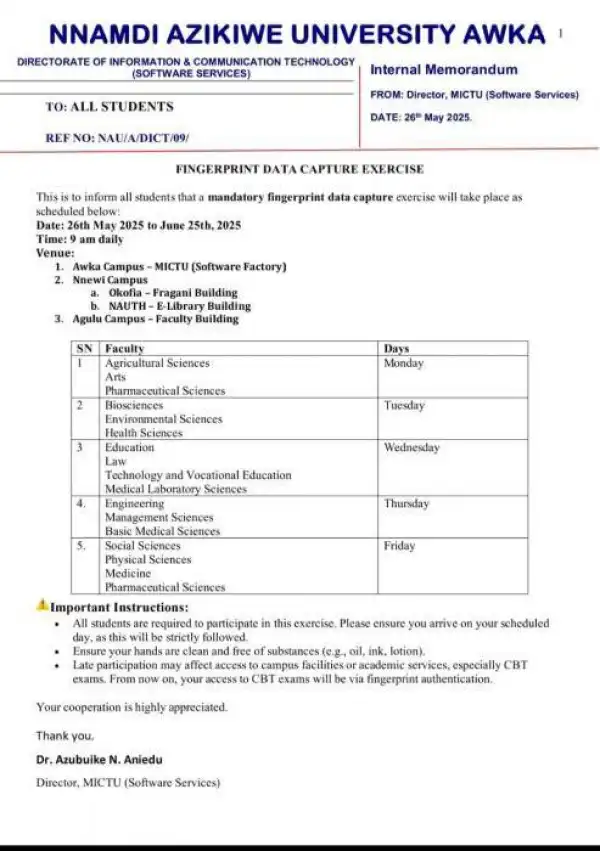 UNIZIK notice on Fingerprint Data Capture Exercise, 2025