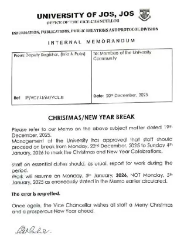 UNIJOS announces Christmas and New Year Break; Clarifies Resumption Date