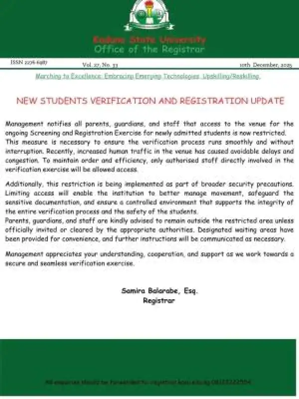 KASU notice on restriction of access during news students verification exercise