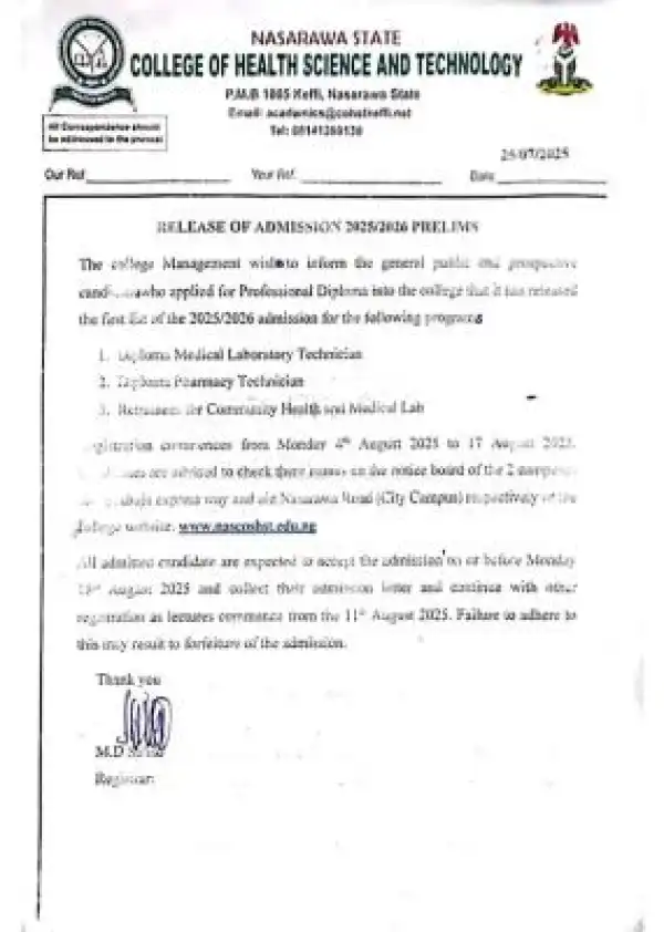 Nasarawa State College of Health Sciences & Tech. releases first batch admission list, 2025/2026