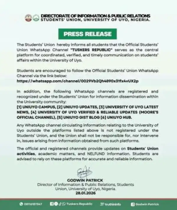 UNIUYO Students’ Union announces verified communication channels