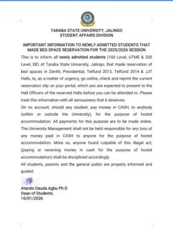 TASU notice to new students regarding hostel accommodations, 2025/2026