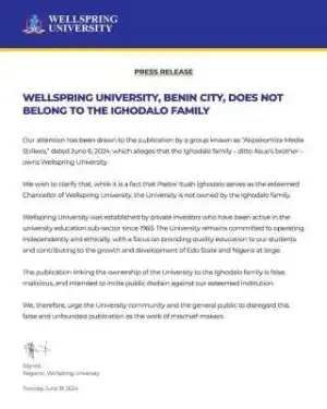 Wellspring University clarifies the public on ownership of the University
