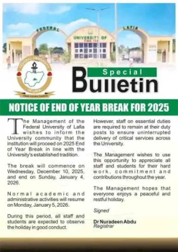 Federal University of Lafia announces end of year break, 2025